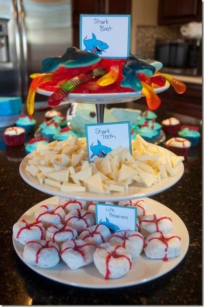 Shark Party Foods, Sharknado Party, Jaws Party, Shark Week Party, Music Theme Birthday, Shark Themed Party, Shark Themed Birthday Party, Fishing Birthday Party, Ocean Birthday