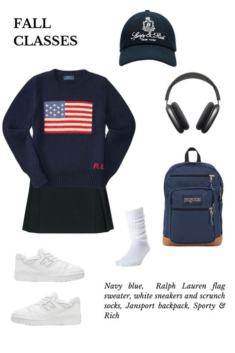 Sweater (Depop), Hat (Sporty & Rich), AirPod Max (Apple), Backpack (Jansport Cool Student Navy Blue), Sneakers (New Balance 550), Scrunch Socks (Aritzia Sunday Best) Jansport Backpacks Outfits, Scrunch Socks, Jansport Backpacks, Backpack Jansport, Navy Backpack, Navy Blue Sneakers, Airpod Max, Sneakers New Balance, Backpack Outfit