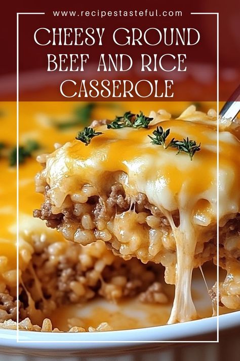 This Cheesy Ground Beef and Rice Casserole is a comforting and hearty dish, perfect for family dinners. Packed with savory ground beef, creamy cheddar cheese, and flavorful spices, it's a one-pan meal that everyone will love! Ground Beef And Rice Casserole, Cheesy Ground Beef And Rice, Beef And Rice Casserole, Cheesy Ground Beef, Ground Beef And Rice, Cheddar Cheese Recipes, Ground Beef Rice, Breakfast Quiche Recipes, Cream Of Celery