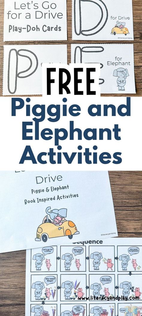 Celebrate Mo Willems Birthday with Let's Go for a Drive book! Free Elephant and Piggie Worksheets for preschool, pre-k, and kindergarten! Elephant And Piggie Activities, Mo Willems Activity, Elephant Activities, Mo Willems Author Study, Piggie And Elephant, Elephant And Piggie, Drive Book, Elephant Book, Worksheets For Preschool