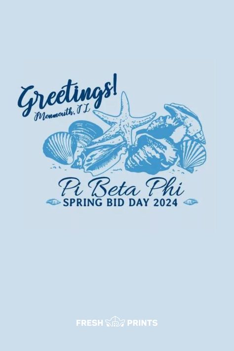 Customize cute, trendy, and affordable merch for your organization with Fresh Prints! Pi beta phi, pi phi, pi phi sorority, sorority bid day, sorority bid day themes, bid day theme ideas, bid day theme inspo, sorority postcard, sorority graphic design, sorority postcard design, travel bid day theme, sorority merch, custom greek life apparel, bid day apparel, custom bid day merch, sorority bid day apparel inspo, blue graphic design, beachy graphic design, sorority apparel, trendy sorority apparel Under The Sea Bid Day, Disco Bid Day Shirt, Sorority Cotton T-shirt For Spring, Spring Sorority T-shirt With Graphic Print, Summer Sorority Cotton T-shirt, Cotton Sorority T-shirt With Text Print, Bid Day Shirts, Sorority Bid Day, Pi Phi