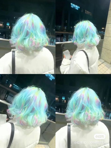 Blue Hair With Rainbow Highlights, Blue Hair Ideas Short, Pastel Rainbow Hair Color, Iridescent Hair, Dyed Hair Inspiration, Hair Inspiration Short, Pretty Hair Color, Hair Dye Colors, Hair Reference