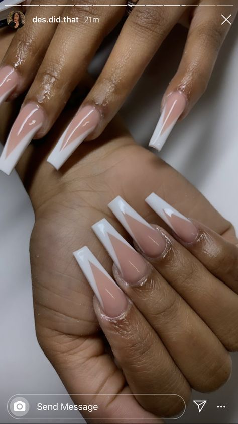 V Tip Nails Coffin, Sharp Square Nails, Cut Acrylic Nails, White And Nude Nails, Nails White And Pink, Powder Blue Nails, Tapered Coffin, Acrylic Nails White, Butterflies Pink