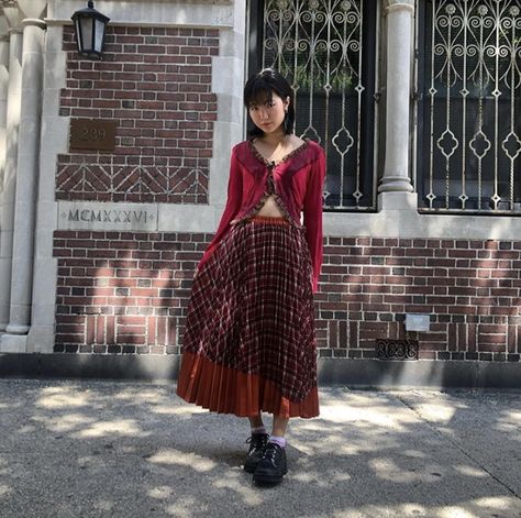 Red Skirt Outfit Aesthetic, Long Red Plaid Skirt Outfit, Target Wardrobe, Vintage Long Plaid Skirt, Maroon Plaid Skirt, Whimsigoth Outfits, Alt Plaid Skirt Outfit, Red Plaid Skirt Outfit Grunge, Maxi Skirt Outfit