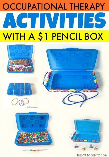 These pediatric occupational therapy activities use a dollar pencil box  as a DIY therapy tool that helps kids with fine motor and visual motor skills, and common materials to work on fine motor skills, visual motor skills, coordination, crossing midline, bilateral coordination, and dexterity with kids. #finemotor #finemotorskills #occupationaltherapy #schoolbasedOT #theottoolbox Pediatric Occupational Therapy Activities, Pencil Box Ideas, Occupational Therapy Activity, Intervention Activities, Occupational Therapy Kids, Bilateral Coordination, Occupational Therapy Activities, Fine Motor Activities For Kids, Educational Play