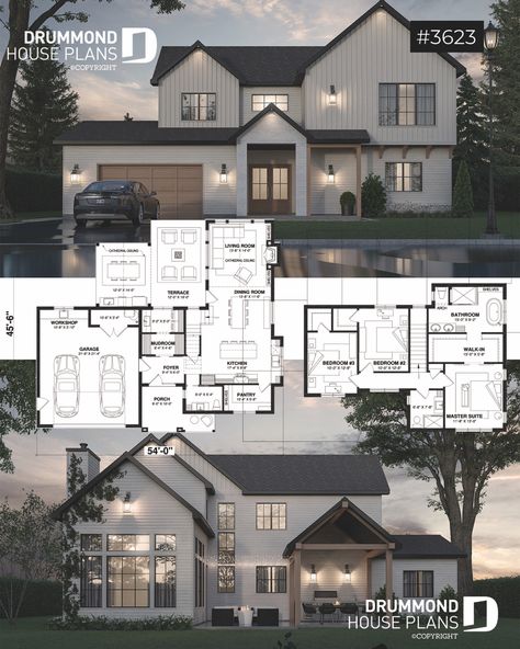 House plan 3 bedrooms, 2.5 bathrooms, garage, 3623 | Drummond House Plans House Ideas With Garage, House Layout Ideas 2 Story, House Plan 5 Bedroom, Floor Plan 5 Bedroom, House And Floor Plan, Floor Plans 3 Bedroom, 3 Floor House, House Design Sims 4, Dream Home Design Floor Plans