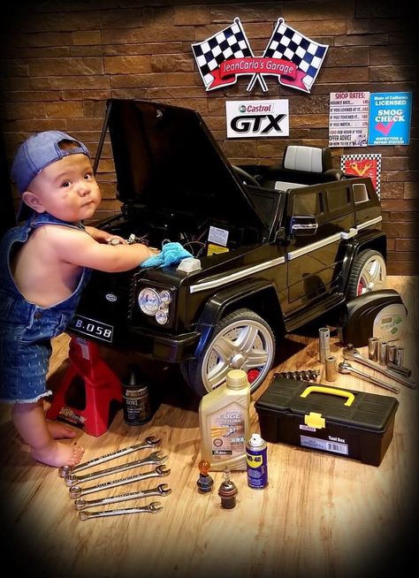 Baby Mechanic, Racing Baby, 2nd Birthday Photos, Baby Milestones Pictures, Toddler Photoshoot, Monthly Baby Pictures, First Birthday Pictures, Monthly Baby Photos, Baby Photoshoot Boy