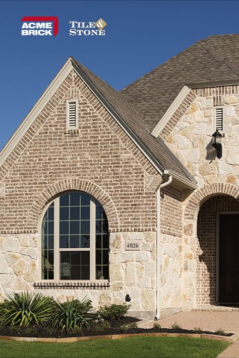 Available at Acme Brick, Tile, & Stone! Size: King Texture: Heritage Blend: DTP190 Source: Acme Brick - Denton Plant Brick Gable Detail, Brick And Stone Home Exterior, Acme Brick Colors, Brick And Stone House Exterior, Brick And Stone Exterior Combinations, Limestone House Exterior, Stone And Brick House Exterior, Bloomfield Homes, Acme Brick