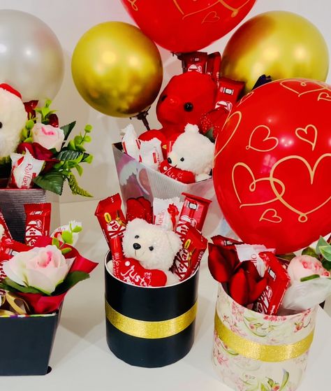 Valentine hamper with chocolates roses teddy and balloons Valentine’s Day Hamper, Valentines Hamper Ideas, Valentine Hampers Ideas, Mini Hampers Ideas, Valentine Gift Hampers, Valentine Hampers, Handmade Hamper, Valentine Gift Ideas, Hamper Ideas