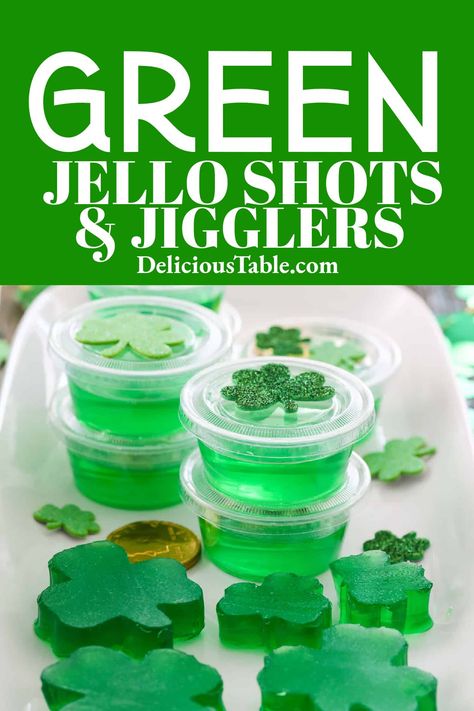 Let the shenanigans begin at your St. Patrick's day party, and slurp some green jello shots and Jell-O jigglers! ☘️☘️☘️ Emerald green jelly shots are a fun way to celebrate as the bagpipes play. These are so easy to make ahead for parties and will take you back to your college days. Top each one with a lucky clover, to bring good fortune, and a wee bit of mischief... Green Jello Shots, Lime Jello Shots, Making Jello Shots, Jello Shot Cups, Pineapple Jello, Jello Jigglers, Jello Gelatin, Apple Pucker, Green Jello