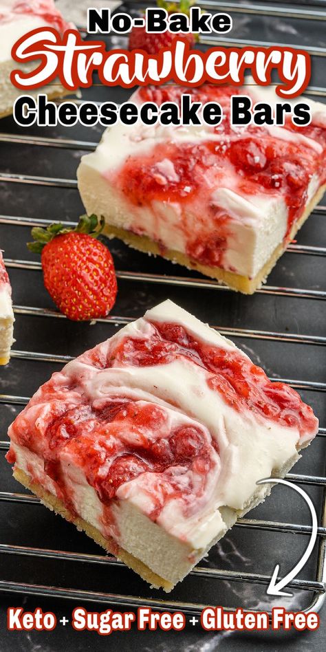 No Bake Strawberry Cheesecake, Sugar Free Desserts Easy, Strawberry Cheesecake Bars, Low Sugar Desserts, Sugar Free Cheesecake, Sugar Free Baking, Easy Gluten Free Desserts, Sugar Free Recipes Desserts, Low Carb Low Fat Recipes