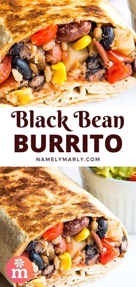 Black Bean Tortilla Wrap, Black Bean Burrito Recipe, Vegetarian Burrito Recipe, Vegan Burrito Recipe, Rice And Bean Burrito, Bean Burrito Recipe, Vegan Guacamole, Burrito Recipes, Black Bean Burrito