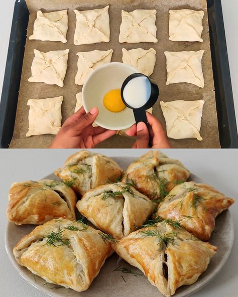 Chicken and Mushroom Puff Pastry Pies Mushrooms In Puff Pastry, Mushroom Puffs, Chicken Mushroom Puff Pastry, Mushroom Hand Pies, Chicken With Puff Pastry Recipes, Puff Pastry Rotisserie Chicken, Chicken Pies Puff Pastry, Chicken In Puff Pastry, Chicken Phyllo Recipes