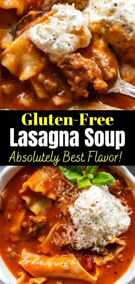 Crazy-Good Gluten-Free Lasagna Soup (30-Mins) Easy Soup Recipes Gluten Free, Gf Soups Gluten Free, Gluten Free Winter Meals, Sausage Tomato Soup, Gluten Free Lasagna Soup, Mamagourmand Recipes, Gluten Free Lasagna Recipe, Gluten Free Lasagna Noodles, Lasagne Soup