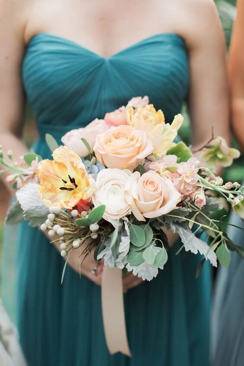 Blue Wedding - Teal Bridesmaid Dresses Paired with Light Brown Decorations - ColorsBridesmaid Fall Beach Wedding Colors, Teal Blue Bridesmaid Dresses, Wedding Cake Brown, Brown Wedding Ideas, Teal Fall Wedding, Fall Beach Wedding, Bridesmaid Dresses Different Colors, Teal Bridesmaid, Teal Bridesmaid Dresses