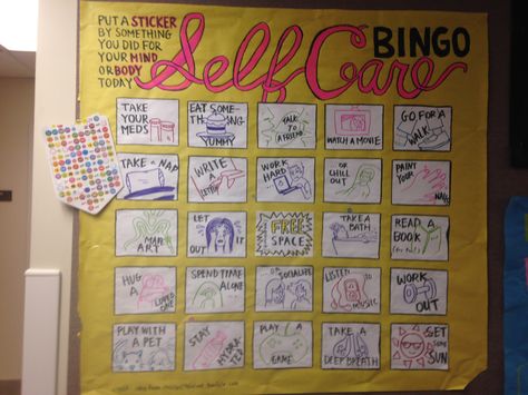 Self-Care Bingo health and wellness passive program for Dardick 1 Self Care Bingo, School Counseling Bulletin Boards, Res Life Bulletin Boards, Resident Assistant Bulletin Boards, Nurse Bulletin Board, Health Bulletin Boards, College Bulletin Boards, Passive Programs, Work Bulletin Boards