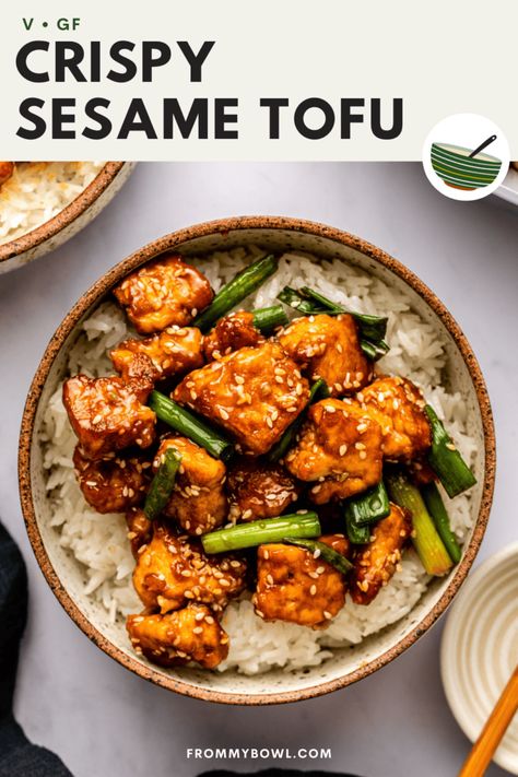 This 35 minute Sesame Tofu is made simple with crispy, oven-baked tofu and a homemade sweet and savory sesame sauce. Vegan, Gluten-Free. Sesame Tofu Air Fryer, Crispy Sesame Tofu, Sesame Noodles Recipe, Sesame Tofu, Tofu Recipes Vegan, Teriyaki Tofu, Vegan Tofu, Garlic Green Beans, Tofu Dishes