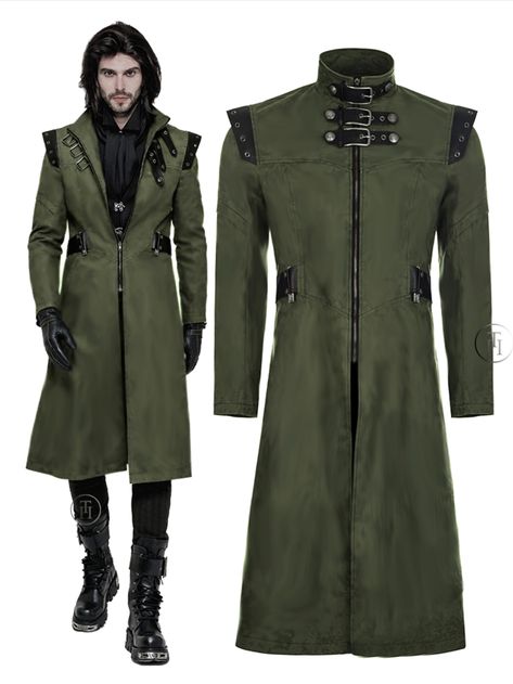 Men's Gothic Military Style Faux Leather Trench Coat Steampunk Long Jacket Description:- High-quality Faux Leather. Synthetic (vegan) leather detailing. Standing collar. Front zipper closure. 3 metal buckle fastenings on the neck and chest. Faux leather with metal eyelets decor on the shoulders. Decorative faux leather straps with metal buttons on the waist. 2 side pockets. Fully lined. Military Long Coat, Faux Leather Trench Coat, Leather Detailing, Leather Trench, Standing Collar, Leather Trench Coat, Long Jacket, Military Style, Clothing Ideas