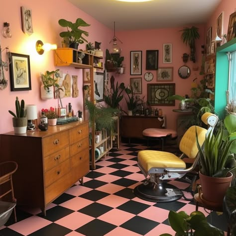 Cool Tattoo Studio Interior, Punk Salon Decor, Tattoo Parlour Interior, Tattoo Shop Aesthetic Pink, Small Tattoo Room Ideas, Wax Salon Decor, Boho Makeup Studio, Piercing Studio Aesthetic, Cute Tattoo Studio