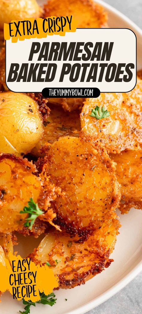 Crispy Parmesan Crusted Potatoes that are perfect for any meal! Discover this easy roast potato recipe with a delicious parmesan crust. Try our homemade parmesan potatoes for the ultimate potato recipe experience. Oven Baked Parmesan Potatoes, Oven Parmesan Potatoes, Italian Potato Recipes, Easy Russet Potato Recipes, Crispy Parmesan Crusted Potatoes, Cheesy Recipes Easy, Baked Baby Potatoes, Parmesan Baked Potatoes, Russet Potato Recipes