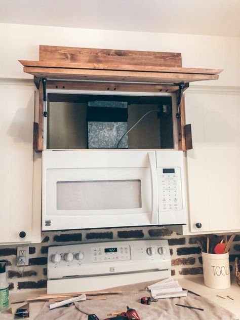 Retrofit Microwave Cabinet, Adding A Hood To Kitchen, Above Range Microwave No Cabinet, Space Above Microwave, Diy Hood Above Microwave, Hidden Microwave Range Hood, Hidden Over The Range Microwave, Range Hood Microwave, Microwave Hidden In Range Hood