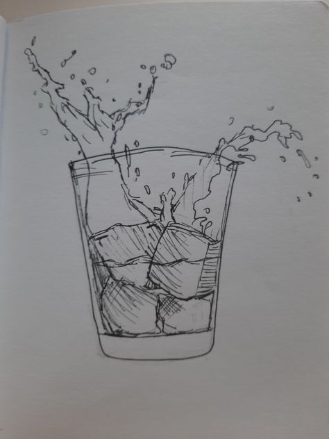 Drawing of glass with ice Glass Of Water Reference, Glass Cup Drawing, Glass Of Water Drawing, Drinking Water Drawing, Ice Cube Drawing, Yellow Sketchbook, Cafe Photoshoot, Glasses Sketch, Ice Drawing