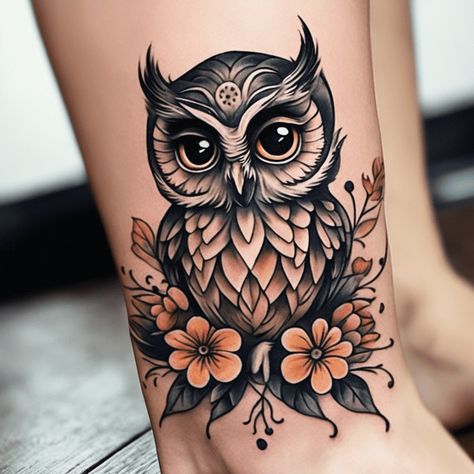 Owl Tattoos For Women Unique, Womens Owl Tattoo, Halloween Owl Tattoo, Owl Sunflower Tattoo, Traditional Style Owl Tattoo, Book Owl Tattoo, Beautiful Nature Tattoos, Owl Tattoo Cute, Owl Tatoos Woman