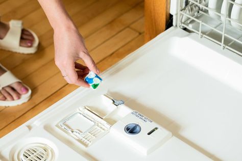 5 Things You Should Never Do with Dishwasher Detergent | Kitchn How To Use Dishwasher, Washing Dishes By Hand, How To Clean Velvet, Janitorial Cleaning Services, Detergent Container, Dishwasher Pods, Window Cleaning Services, Laundry Pods, Dishwasher Tablets