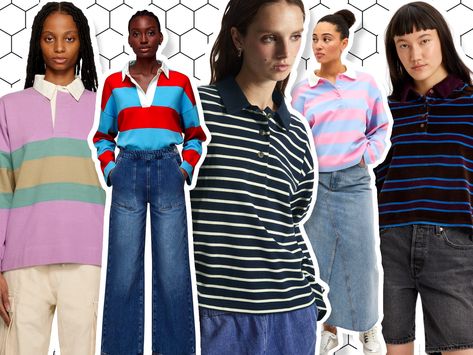 Striped rugby tops to layer over T-shirts, proving that collars and cosiness go hand in hand. Rugby Top Outfit Women, Rugby Shirt Outfit Women, Rugby Shirt Outfit, Tops For Spring, Chloe Sevigny, In Between, Hand In Hand, Rugby Shirt, A Fan