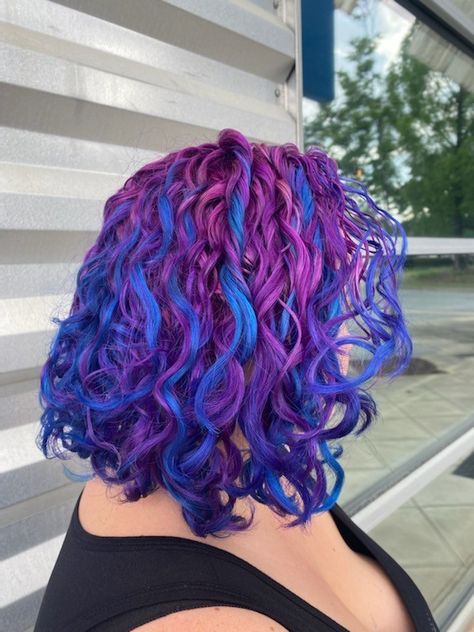 Unicorn Hair| Rainbow Hair| Colorful hair| Curly Hairstyles| Festive hair| Blue curls Purple Curls| Blue And Purple Curly Hair, Galaxy Curly Hair, Pink Purple Blue Curly Hair, Rainbow Curly Hair, Blue And Purple Hair, Pink And Blue Hair, Galaxy Hair Color, Crazy Curly Hair, Blue Purple Hair