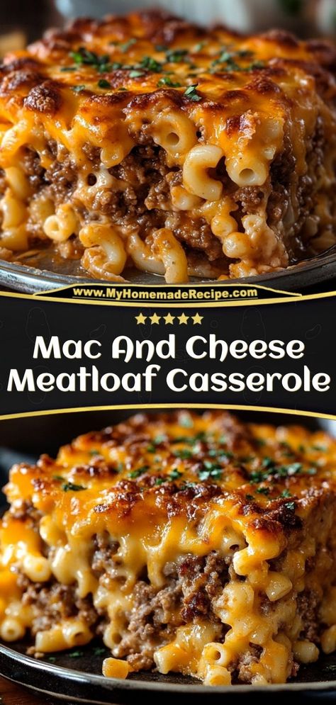 This Mac and Cheese Meatloaf Casserole combines creamy mac and cheese with a savory meatloaf base for a comforting, layered dish. Ingredients: 1 lb ground beef 2 cups mac and cheese (prepared) 1 egg 1/2 cup breadcrumbs A hearty, cheesy dinner that’s easy and satisfying Burger Macaroni Casserole, Creamy Beef Casserole, Mac And Cheese With Ground Beef Recipes, Beef And Mac And Cheese, Mac And Cheese With Hamburger Meat, Mac And Cheese Stuffed Meatloaf, Layered Casserole Recipes, Meatloaf Mac And Cheese Casserole, Mac And Cheese Meatloaf