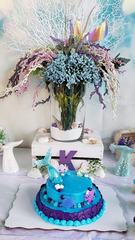 Dollar tree DIY Mermaid birthday centerpiece Easy Mermaid Centerpiece Ideas, Mermaid Party Centerpiece, Mermaid Flower Arrangement, Dollar Store Mermaid Party, Mermaid Flower Centerpiece, Mermaid First Birthday Centerpiece, Dollar Tree Mermaid, Mermaid Theme Flower Centerpieces, Diy Mermaid