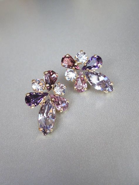 "These romantic earrings are made with the finest Premium Quality European Crystal in lavender/purple/lilac hues. These earrings are available in gold, silver and rose gold finish. Post earrings with metal backs. - Measurements : 1\" long and 3/4\" wide - The last photo is for the size/style reference only" Silver Earrings Aesthetic, Bridal Stud Earrings, Wedding Glam, Bridal Earrings Studs, Lavender Earrings, Romantic Earrings, Crystal Bridal Earrings, Earrings Aesthetic, Style Reference