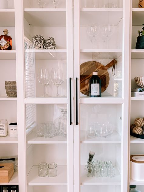 DIY BUILT-INS USING IKEA BILLY BOOKCASES — Mel Vandersluis Vitrine Ikea, Billy Bookcase With Doors, Billy Hack, Ikea Billy Hack, Ikea Pantry, Ikea Dining Room, Bookcase Hack, Bookcase Ideas, Billy Ikea