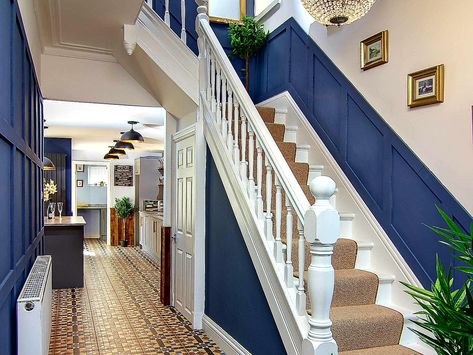 Blue And White Hallway, Dark Blue Stairway, Navy Staircase Banister, Navy Painted Stairs, Blue Painted Staircase, Blue Stair Panelling, White Hallway, Wainscoting Hallway, White Stairs