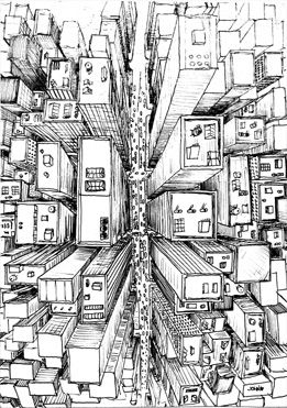 week 7 pin 4 Feels like you're in a helicopter looking down on the city and your location in the sky can be determined by the perspective work done on the buildings. City Sketch, City Drawing, Perspective Art, Perspective Drawing, Urban Sketching, 판타지 아트, Birds Eye View, Birds Eye, A Drawing