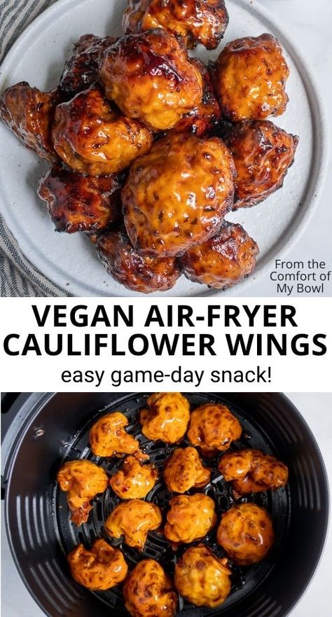 Vegan Air Fryer Cauliflower, Easy Cauliflower Wings, Air Fryer Cauliflower Wings, Vegan Airfryer, Vegan Air Fryer, Air Fryer Cauliflower, Vegan Appetizers Recipes, Vegan Appetizer, Air Fryer Recipes Vegetarian