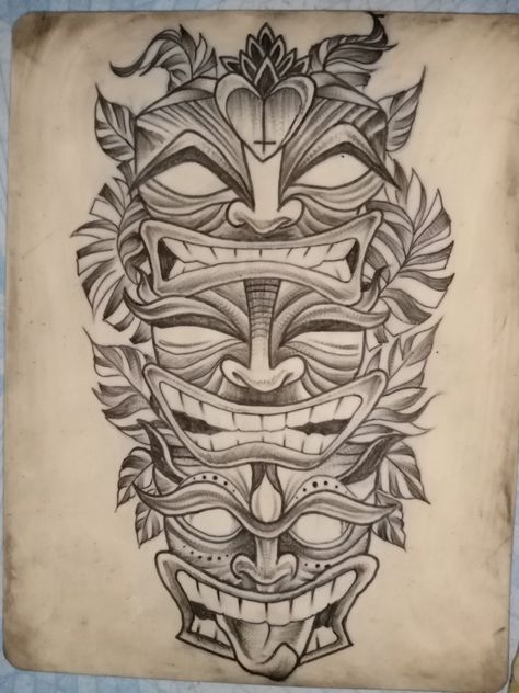 Tiki Tattoo Ideas For Men, Tiki Mask Tattoo, Ethan Tattoo, Tree Tattoo Men, Tiki Tattoo, Tiki Totem, Tiki Art, Tiki Mask, Japanese Fish