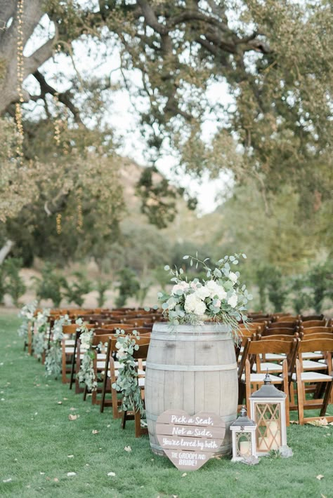 Triunfo Creek Vineyard wedding, wine barrel decorations, white floral arrangements Rustic Wedding Arch Ideas, Outdoor Ceremony Aisle, Wine Barrel Wedding, Wedding Aisle Outdoor, Barrel Wedding, White Floral Arrangements, Barrel Decor, Rustic Wedding Decorations, Arch Ideas