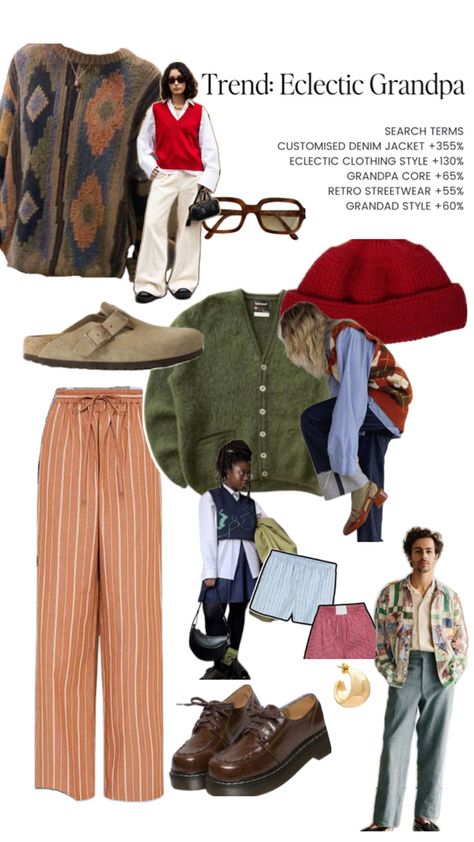 Collage of eclectic grandpa inspiration featuring different fashion pieces Grandpa Fashion Aesthetic, Grandpa Aesthetic, Coastal Grandma Aesthetic, Grandpa Fashion, Grandpa Outfit, Grandma Clothes, Pinterest Predicts, Grandma Aesthetic, Grandpa Core