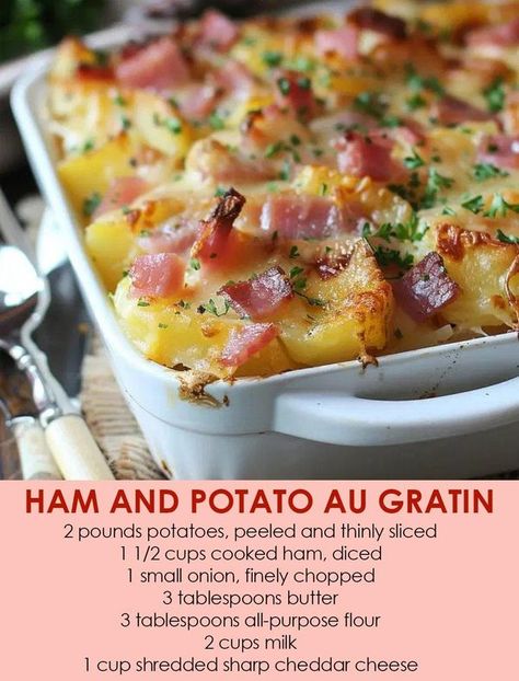 Ham And Potato Recipes, Potato Au Gratin, Ham Casserole Recipes, Holiday Ham Recipes, Ham And Potato Casserole, Scalloped Potatoes Easy, Ham Breakfast, Au Gratin Recipes, Ham Potato