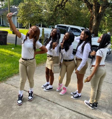 High School Outfits Uniform, Khaki Skirt Uniform Outfits, Khaki School Skirt, Uniform Outfits Baddie, First Day Of School Outfit Uniform Skirt, Khaki Uniform Outfits School, Khaki School Uniform Outfit, Private School Uniform Outfits, School Uniform Birthday Outfit