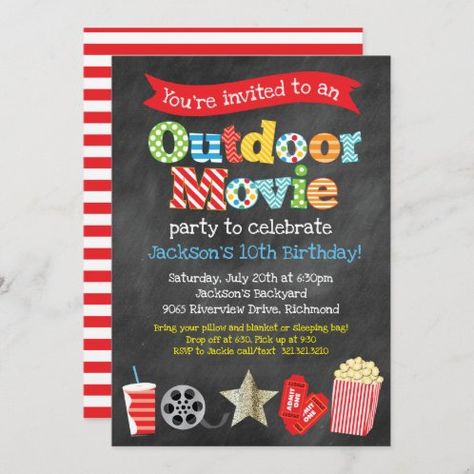 Cute Girls Backyard Movie Night Birthday Invitation | Zazzle.com Backyard Movie Birthday Party, Backyard Movie Birthday, Backyard Night, Diy Backyard Movie Night, Movie Party Invitations, Dive In Movie, Outdoor Movie Party, Backyard Movie Party, Colorful Movie