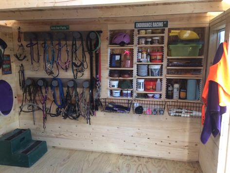 Tack Room Shelves, Horse Equipment Storage, Horse Shavings Storage Ideas, Storage Container Tack Room, Horse Tack Storage Ideas, Horse Tack Shed Ideas, Tack Shed Organization, Tack Room Ideas Organizations, Horse Feed Room Organization