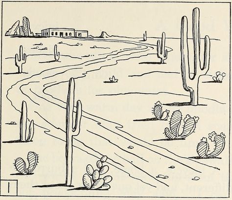 Desert Art Projects, Desert Sketch, Western Clip Art, Desert Drawing, Desert Tattoo, Road Drawing, Mountain Sketch, Desert Design, Landscape Sketch