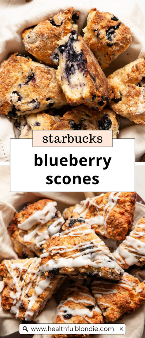 These copycat Starbucks blueberry scones have soft, flaky centers with buttery golden crisp edges and are made with oat milk and Greek yogurt. Each scone is melt-in-your-mouth moist, full of juicy fresh blueberries, and topped with an easy lemon glaze. Greek Yogurt Scones, Scones Blueberry, Yogurt Scones, Blondie Recipes, Blueberry Scones Recipe, Baking Healthy, Mother Health, Copycat Starbucks, Bake Goods