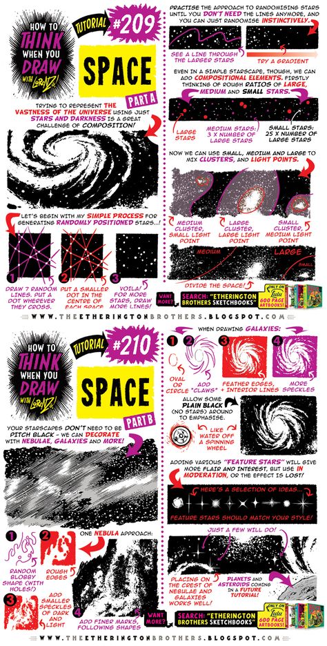 How to THINK when you draw SPACE tutorial! by EtheringtonBrothers on DeviantArt How To Draw Space Digital, Space Drawing Tutorial, How To Draw Static, How To Draw Backgrounds Tutorials, How To Draw Backgrounds, How To Draw Space, Draw Space, How To Draw Comics, Space Comic