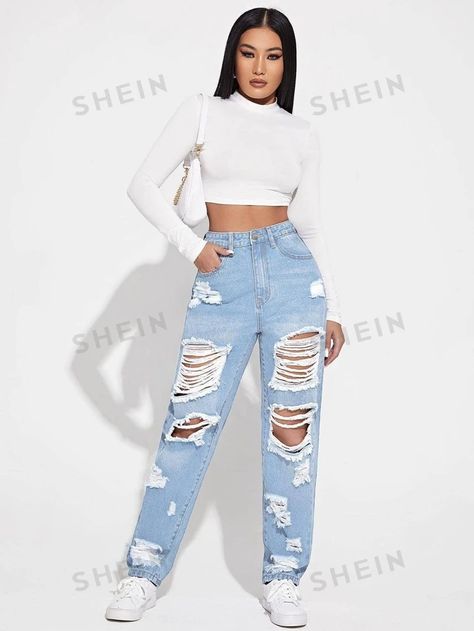 SHEIN EZwear Ripped Detail Boyfriend Jeans | SHEIN USA Ripped Jean Outfit Ideas, Boyfren Jeans Outfits, Pantalon Roto Outfits, How To Style Boyfriend Jeans, Ripped Boyfriend Jeans Outfit, Jeans And Crop Top Outfit, Pantalon Mom, Pantalones Boyfriend, Loose Jeans Outfit