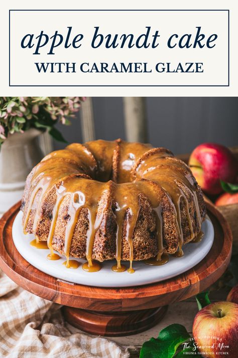 This moist apple Bundt cake is an old-fashioned, easy dessert that has been loved for generations! Also known as "Apple Dapple Cake," the warmly-spiced batter is studded with bits of fresh apples and chopped nuts, and finished with a buttery caramel sauce. Add a scoop of vanilla ice cream for the ultimate fall treat! Salted Caramel Glaze, Marble Bundt Cake, Apple Bundt Cake Recipes, Bunt Cake Recipe, Moist Apple Cake, Apple Spice Cake, Apple Bundt Cake, Fresh Apple Cake, Cake With Caramel