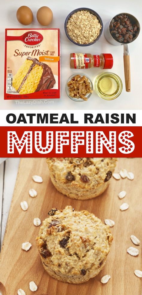 Oatmeal Raisin Cake, Cheapest Recipes, Easy On The Go Snacks, Oatmeal Raisin Muffins, Cake Mix Muffins, Raisin Muffins, Raisin Cake, Boxed Cake Mixes Recipes, Tin Recipes